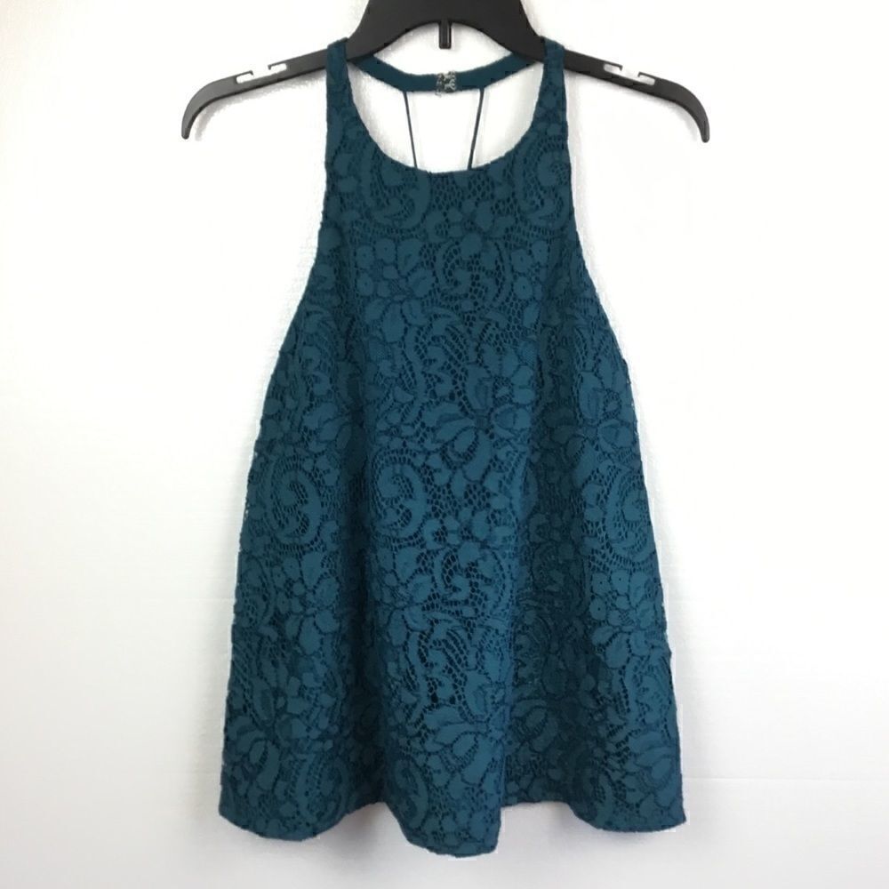 Stylestalker Halter Top Love Bomb Teal Lace Overlay Lined Open Back Small